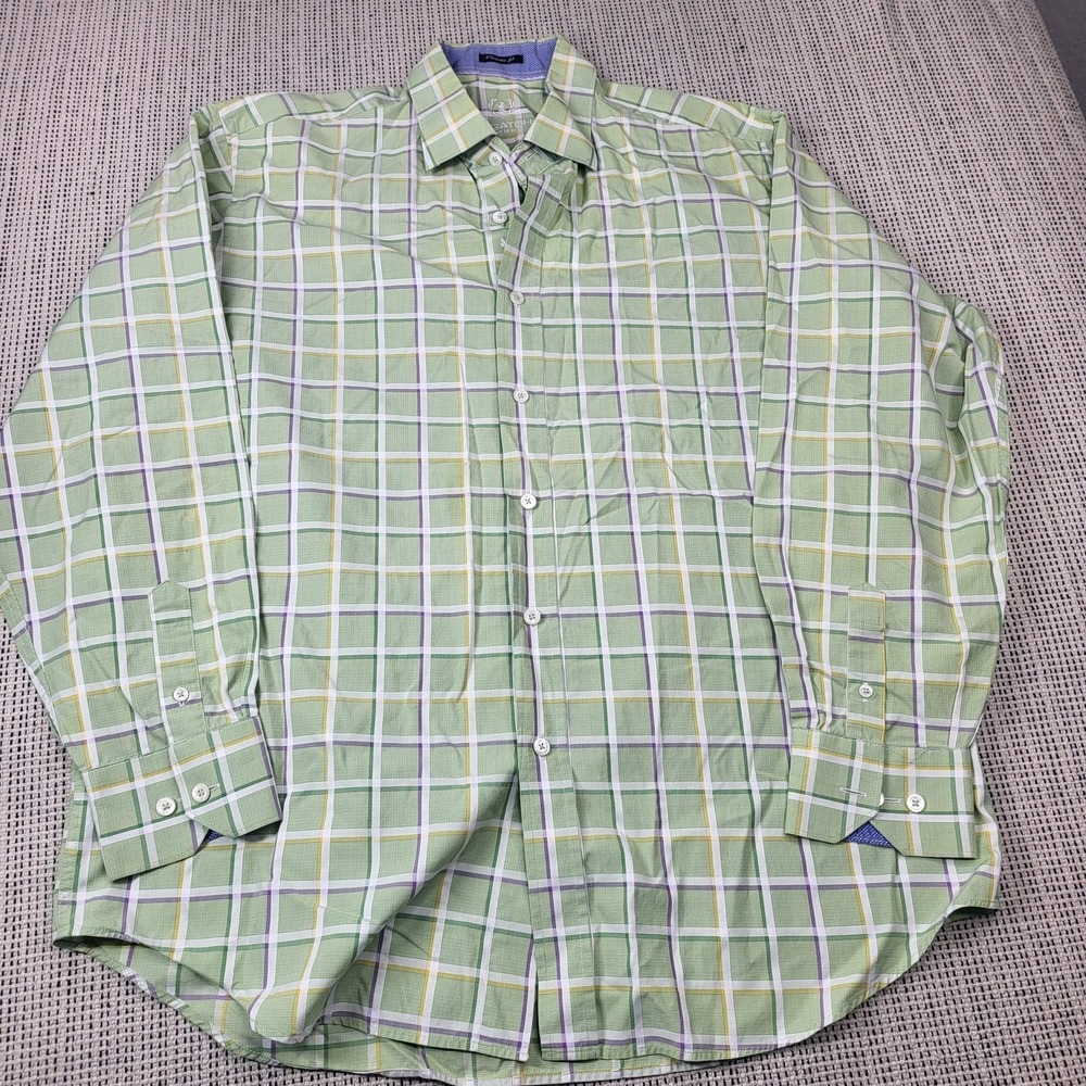 Bugatchi Uomo Dress Shirt Mens XL Green Plaid Classic Fit Long Sleeve Business